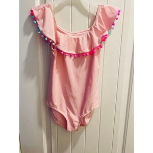 Bmagical Girls Ruffle Off the Shoulder Swimsuit 10 Pink Multicolor Pom Pom